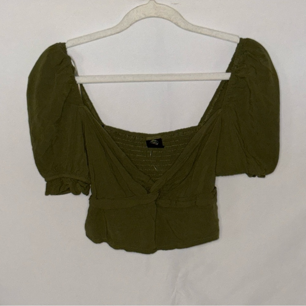 Urban Outfitters Annie Puff Sleeve Crop Top Olive Green Women’s Size Small NWOT